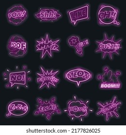 Iconos de la nube de sonido cómic. Ilustración de 16 iconos vectores de nube de sonido cómico color neón en negro