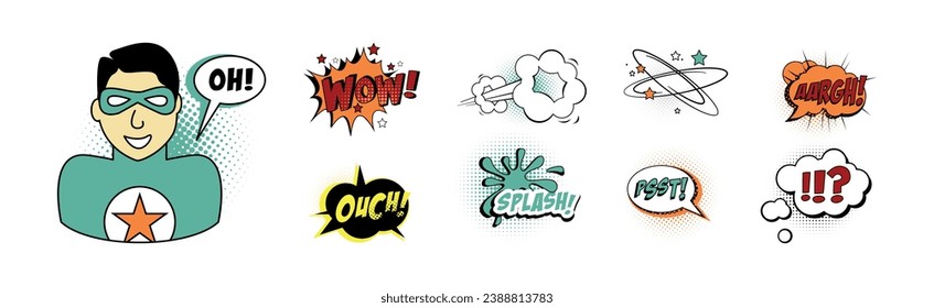 Comic Sound Effect in Pop Art Style with Superhero Vector Set