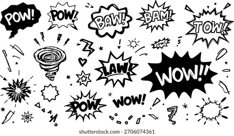 Comic-Soundeffekt, Vektorgrafik, Schwarz-Weiß-Pop-Art-Explosion, Retro-Typografie-Design, dynamisches Action-Layout, grafische Elemente neuartiger Stile