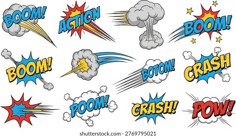 Comic Sound Effects and Explosion Elements Set with Boom Crash Pow Action Text