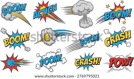Comic Sound Effects and Explosion Elements Set with Boom Crash Pow Action Text