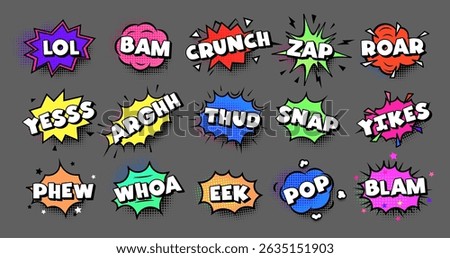 Comic sound effects LOL BAM CRUNCH ZAP in retro pop art style. Colorful expressions for memes, humor, games, kids design, dynamic punchlines. Vector illustration.