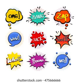 Comic sound effects in pop art vector style. Bubbles with different slogans and text isolated on white