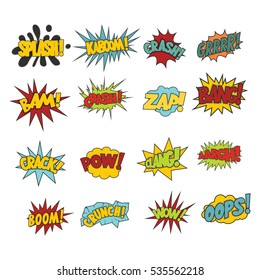 Comic sound effects in pop art cartoon style. Sound bubble speech with word and comic cartoon expression sounds vector illustration