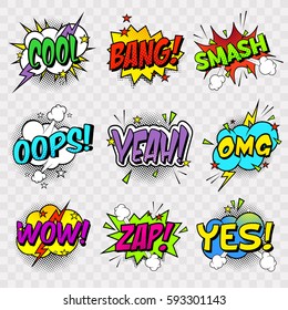 Comic sound effects in pop art vector style.
Pop Art on a transparent background, bright stickers in the style of comics. Sound bubble speech with word and comic cartoon expression sounds illustration