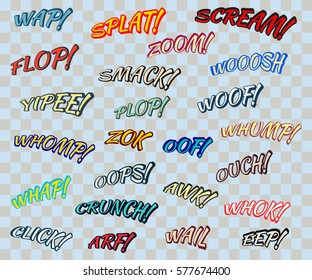 Comic sound effects set. Colorful cartoon words. Vector illustration.