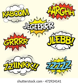 Comic Sound Effects Set Isolated In Cartoon Vector Style. Sound Bubble Speech With Word And Comic Cartoon Expression Sounds Illustration