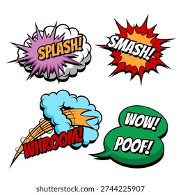 Comic Sound Effects Set Splash Smash Whroom Wow Poof Pop Art Illustration