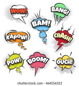 Comic Sound Effects Text In Sound Bubbles. Illustration In Pop Art Style.