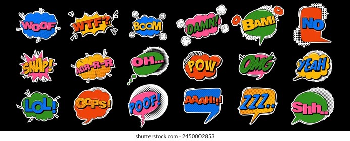 Comic sound effects in trendy retro style. Collection of pop art stickers