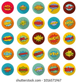 Comic sound icons set. Flat illustration of 25 comic sound vector icons circle isolated on white