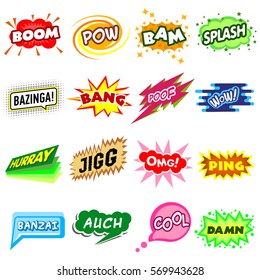 Comic sound icons set. Simple illustration of 16 comic colored sound vector icons for web
