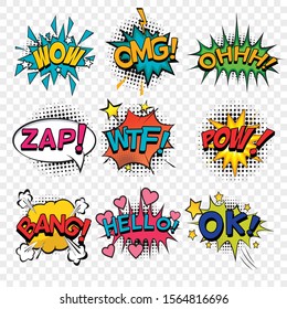 Comic sound speech bubble collection, sound effects in pop art vector style.