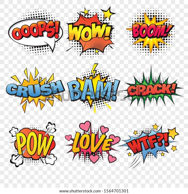 Comic sound speech bubble collection, sound\
effects in pop art vector\
style.