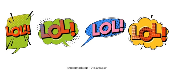 Comic sound speech effect bubble set in trendy retro style. Lol text.