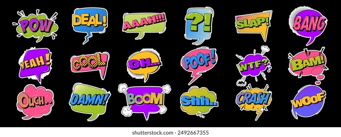 Comic sound speech effect bubble set in trendy retro style. Collection of pop art stickers.