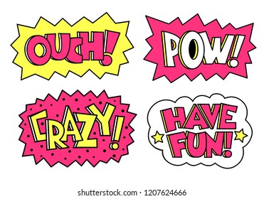 Comic sound speech effect bubbles set isolated on white background vector illustration. Crazy, pow, ouch, have fun. Perfect for pins, stickers.