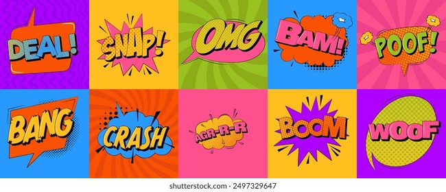 Comic sound speech effect bubbles set in trendy pop art style