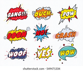 Comic sound speech effect bubbles set isolated on white background vector illustration. Wow,pow,bang,ouch,crash,woof,no,yes lettering.