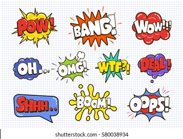 Comic sound speech effect bubbles set isolated on white background vector illustration. Wow,pow,bang,oh,omg,wtf,deal,shhh,boom,oops lettering.