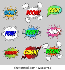 Comic sound speech effect bubbles set isolated on white background vector illustration. Wow, pow, bang, crash, boom, ooh, smash, snap, poof lettering.