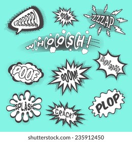 Comic sounds abstract cartoon text bubbles black set isolated vector illustration