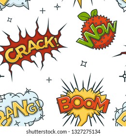 Comic sounds visualization seamless pattern crack wow and boom vector speech bubble explosion and breaking shot or falling visualization endless texture humor loud effect onomatopoeia wallpaper