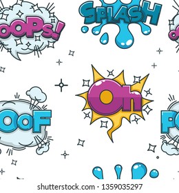 Comic sounds visualization seamless pattern oh and poof oops and splash vector speech bubble water explosion and sock or confusion visualization endless texture loud effect onomatopoeia wallpaper.