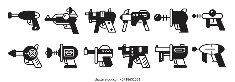 Ilustración vectorial de iconos de pistola espacial de cómic y pistola de rayos
