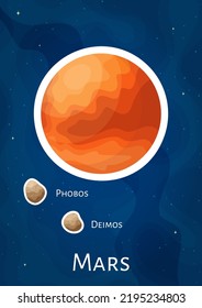 Comic space planet Mars sticker concept art, cartoon astronomical sphere with satelites Phobos and Deimos illustration label, flat round solar system object graphic patch on blue cosmic background