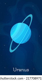 Comic space planet Uranus vector illustration. Galaxy space objects art on starry dark blue vertical background with comic style solar system planet Uranus for space planetary design concept