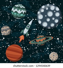 Comic space with planets and spaceships. Rocket cartoon, star and science design. Vector seamless pattern. Stars constellations and signs of the zodiac. For web design or cosmic backdrop