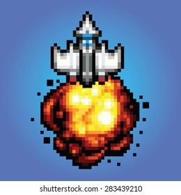 comic space rocket ship - pixel art style Illustration of spaceship blasting off and flying