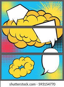 Comic speech balloon explosion on halftone dot background pop art style. Collection abstract creative hand drawn colored blank bubble. Comic book text dialog empty cloud. For sale banner set.