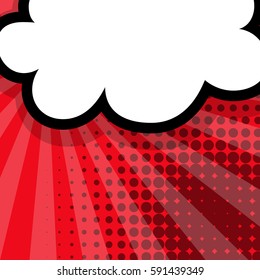 Comic speech balloon on halftone dot background pop art style. Comic book text dialog empty cloud. For sale banner. Abstract creative hand drawn vector colored blank bubble.
