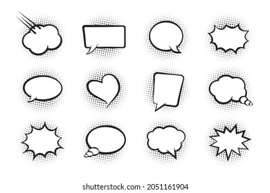 Icono vectorial de nube cómica, conjunto de globos de voz de dibujos animados blancos, colección de charla, espacio para mensaje de texto con sombra de semitono. Ilustración de comunicación retro