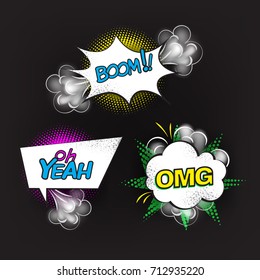 Comic speech balloons on halftone dots background in pop art style, vibrant colors and explosions. Vector illustration