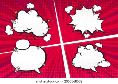 Auge del discurso cómico con fondo rojo. Ilustración vectorial para los globos cómicos