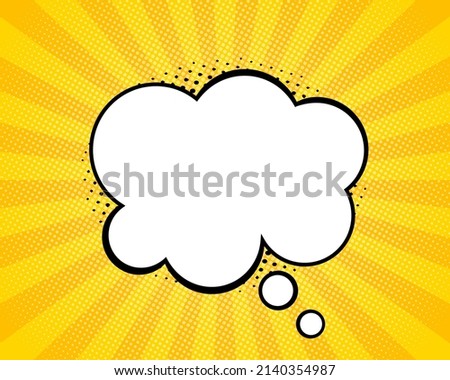 Comic speech box on pop art background. Speech bubble on yellow burst texture. Cartoon cloud balloon for text. Cute banner with halftone effect. Vector.