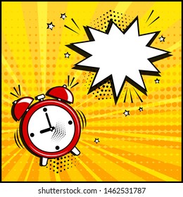 Comic speech bubble and alarm clock on yellow background. Comic sound effect, stars and halftone dots shadow in pop art style. Vector illustration