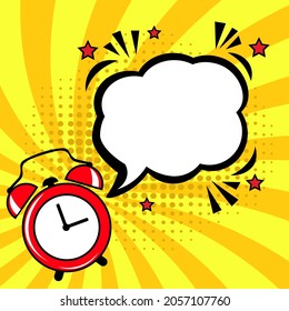 Comic Speech Bubble And Alarm Clock On Yellow Background. Comic Sound Effect, Stars And Halftone Dots Shadow In Pop Art Style. Vector Illustration