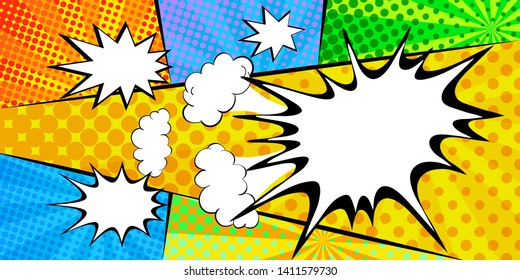Comic speech bubble background pop-art style. Colorful vector illustration. Bright cartoon comic. pattern of dots and rays in pop art style.  Vector illustration 