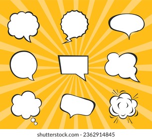 Comic speech bubble balloon boom speak chat box isolated set. Vector flat graphic design illustration