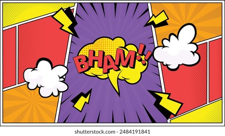 Burbuja de discurso cómico Bham!, Fondo de arte pop retro de semitono colorido 