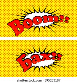 Comic speech bubble with the "Boom!!" in the English and Russian languages. Speech bubble pop art style. Vector illustration.