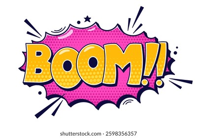 Comic speech bubble Boom. Yellow text on purple background.