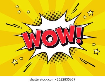 comic speech bubble or burst ballon or shout ballon with text wow! in trendy pop art style in front of ray background. Vector illustration.