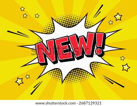 comic speech bubble or burst balloon or shout balloon with text new! in trendy pop art style in front of ray background. Vector illustration.