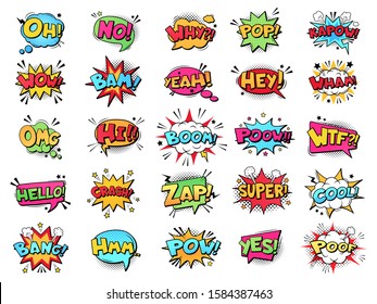 Comic Speech Bubble. Cartoon Comic Book Text Clouds. Comic Pop Art Book Pow, Oops, Wow, Boom Exclamation Signs Vector Comics Words Set. Creative Retro Balloons With Funny Slang Phrases And Expressions