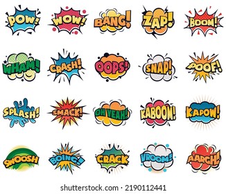 Comic Speech Bubble. Cartoon Comic Book Text Clouds. Comic Pop Art Book Pow, Oops, Wow, Boom Exclamation Signs Vector Comics Words Set. Creative Retro Balloons With Funny Slang Phrases And Expressions